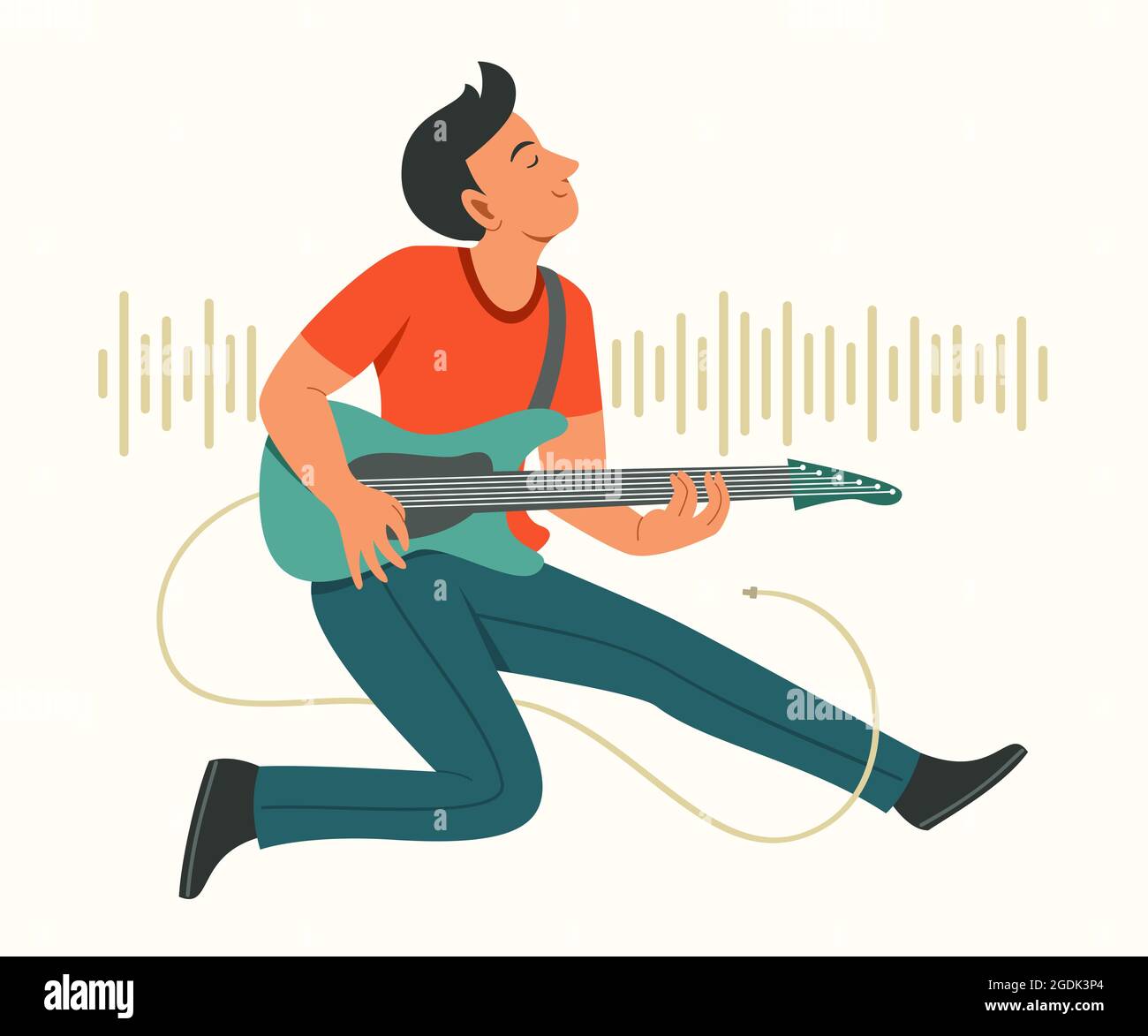 Man Jump While Enjoy to Play the Electric Guitar. Stock Vector