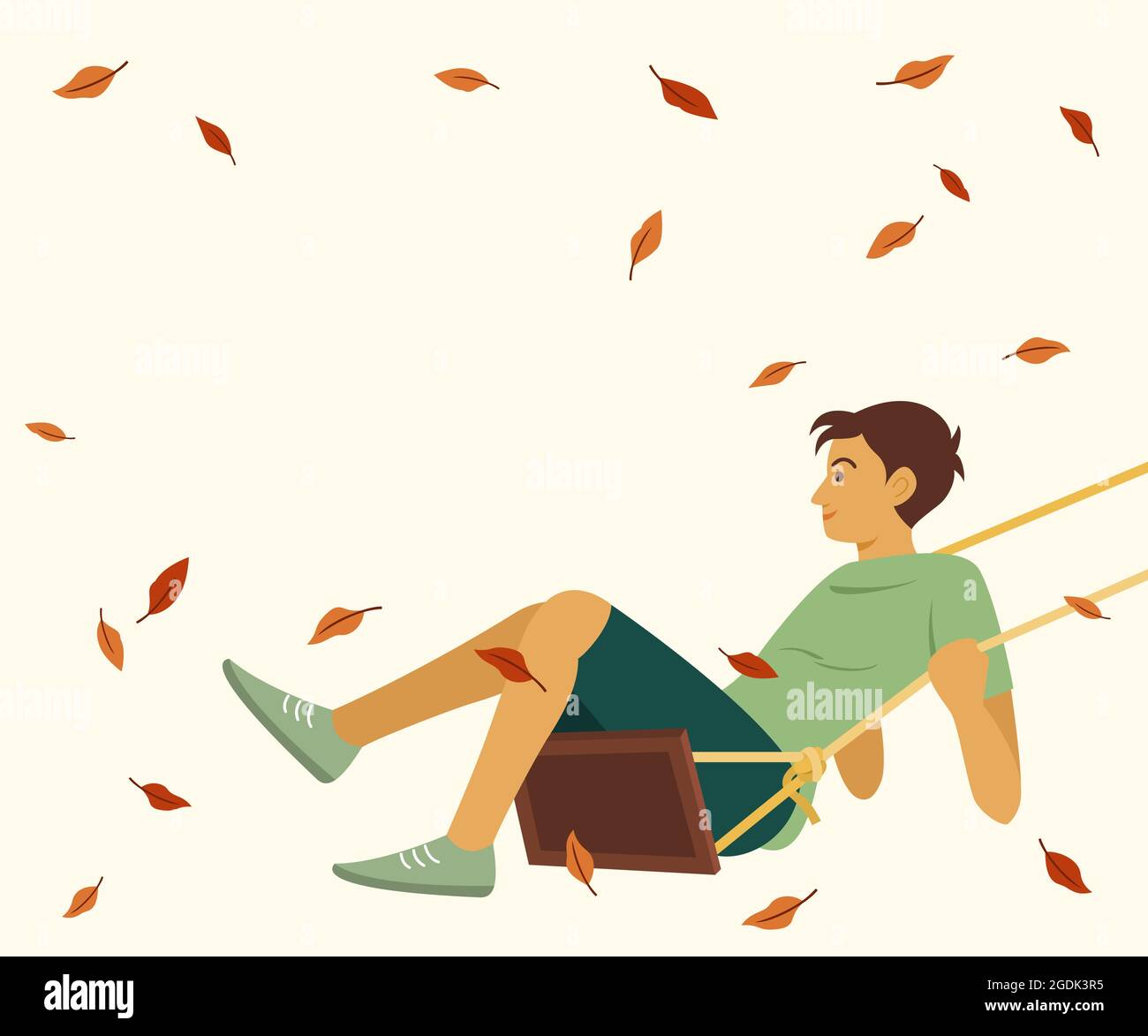 Boy Play the Swing and Dried Leaves Floating in the Wind of Autumn with Copy Space. Stock Vector