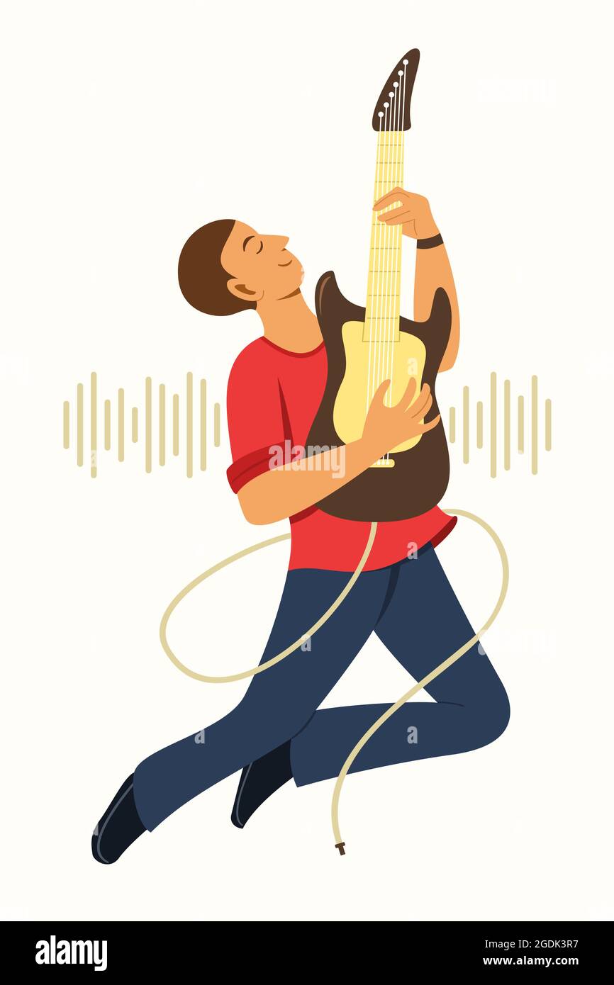 Man Jump While Enjoy to Play the Electric Guitar. Stock Vector