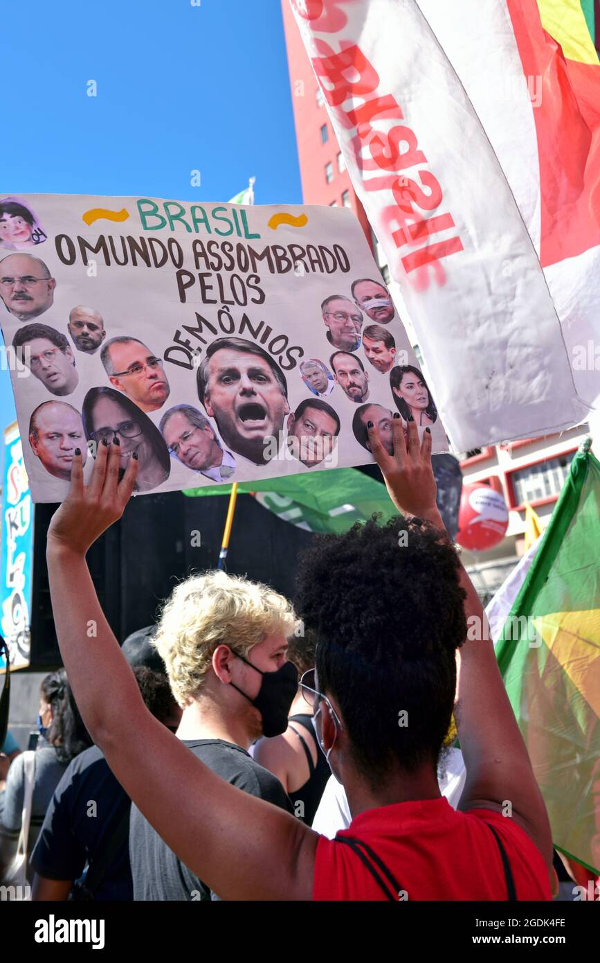 Brazil - July 24, 2021: People took to the streets of central Rio de Janeiro to protest against Brazil's President Jair Bolsonaro's administration. Stock Photo