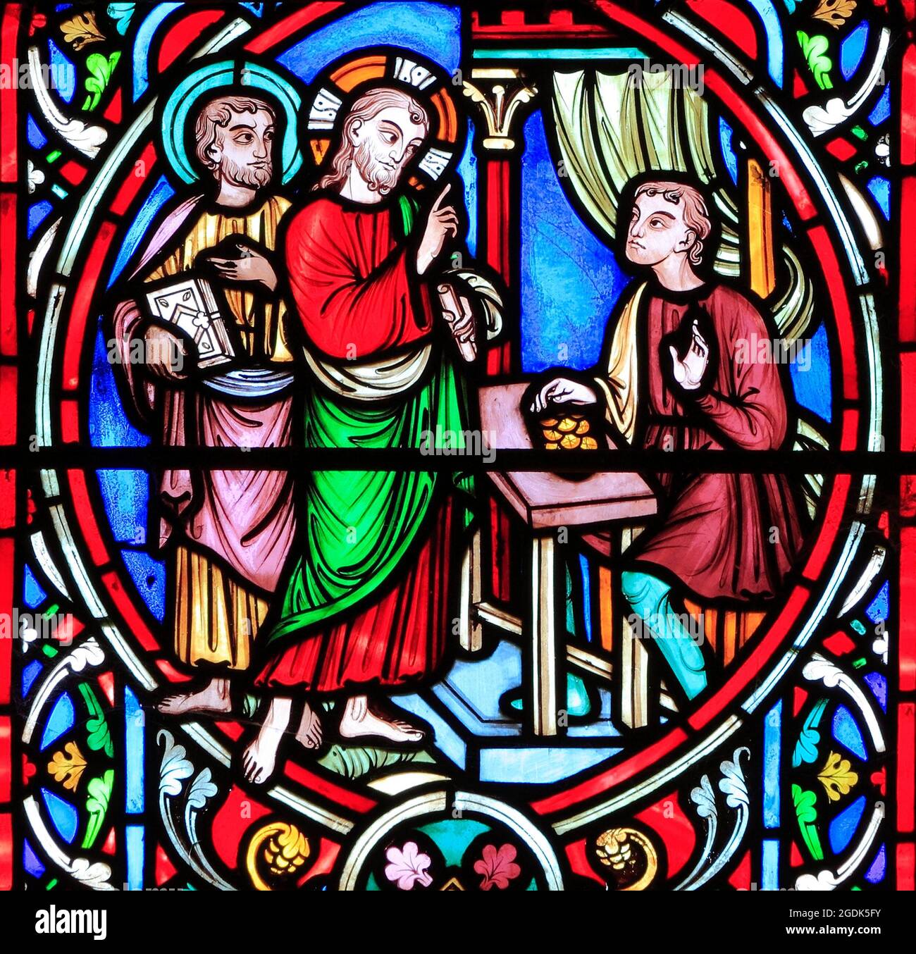 Scene from Life of Jesus, by Adolph Didron, Paris, 1860, stained glass window, Feltwell, Norfolk, England. Jesus calling Matthew, Tax Collector Stock Photo