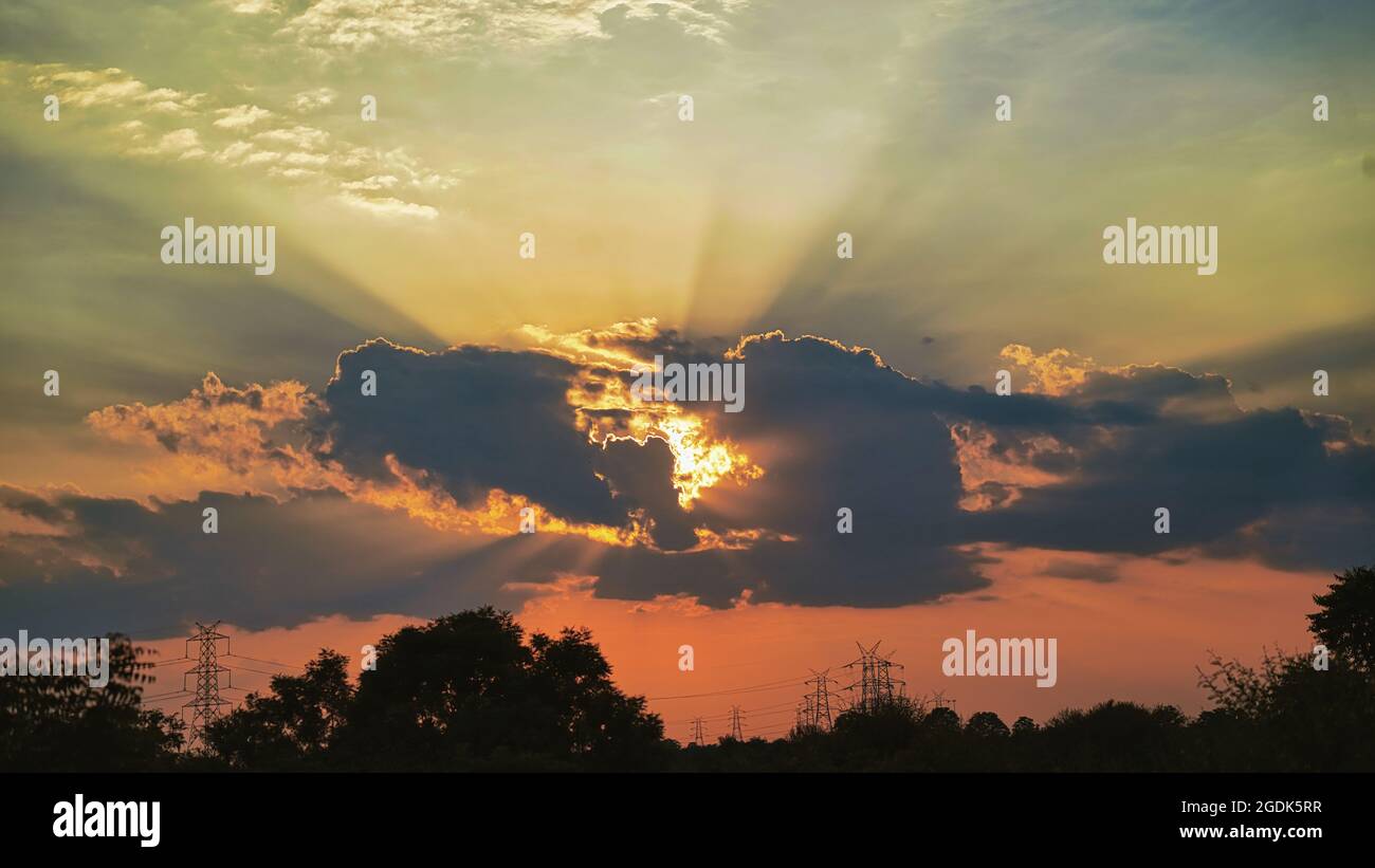 Yellow red clouds and blue sky with the sunset for nature textured ...