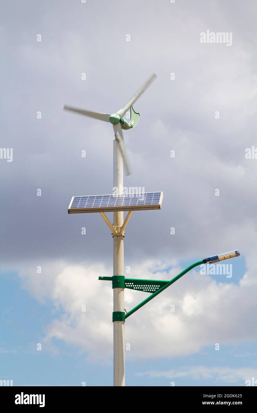 Street lamp post with solar panel and a small wind turbine in Da Stock Photo