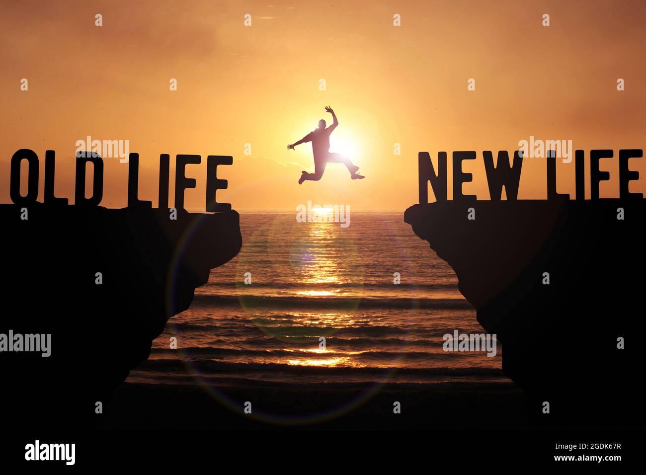 New Life and Old Life concept with silhouette of a person jumping over