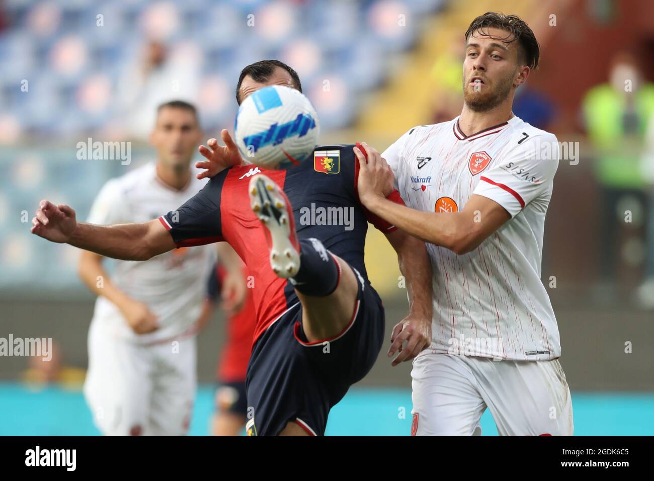 Genoa Italy 13th August 21 Goran Pandev Of Genoa Cfc Attempts To Control The Ball Under Pressure From Filippo Lorenzo Sgarbi Of Ac Perugia Calcio During The Coppa Italia Match At Luigi