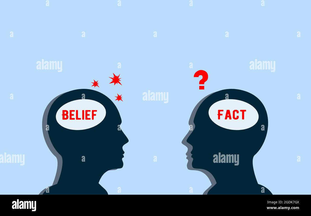 Human Beliefs and Facts Concept with Two Different Men Brain And The way of thinking. Fact and Belief Stock Photo