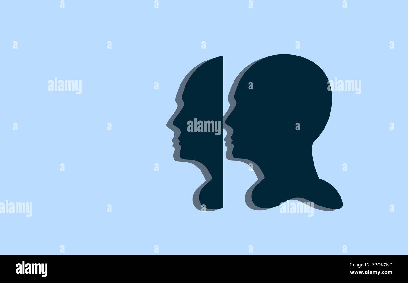 Person with two faces. Showing face one or face two. Human Head Illustration Concept Of 2 Personality. Stock Photo