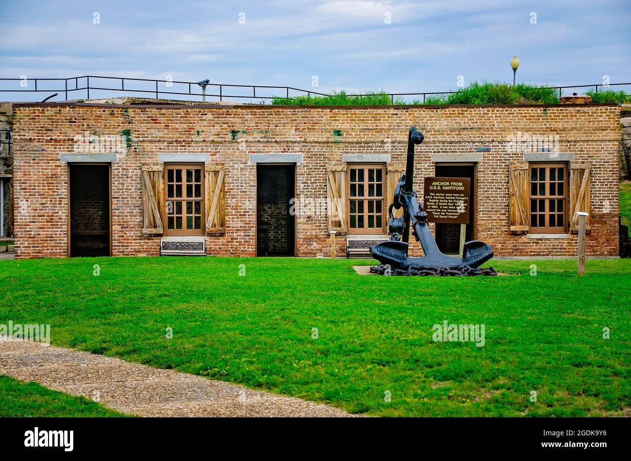 The USS Hartford anchor is pictured in the courtyard in front of the quartermaster’s offices at Fort Gaines, Aug. 12, 2021, in Dauphin Island, Alabama. Stock Photo