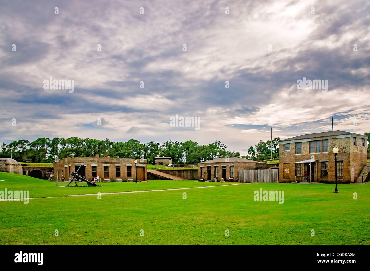 The Fort Gaines courtyard is pictured looking toward the SS Hartford anchor, officer’s quarters, commandant’s office, sally port, and guardhouse. Stock Photo