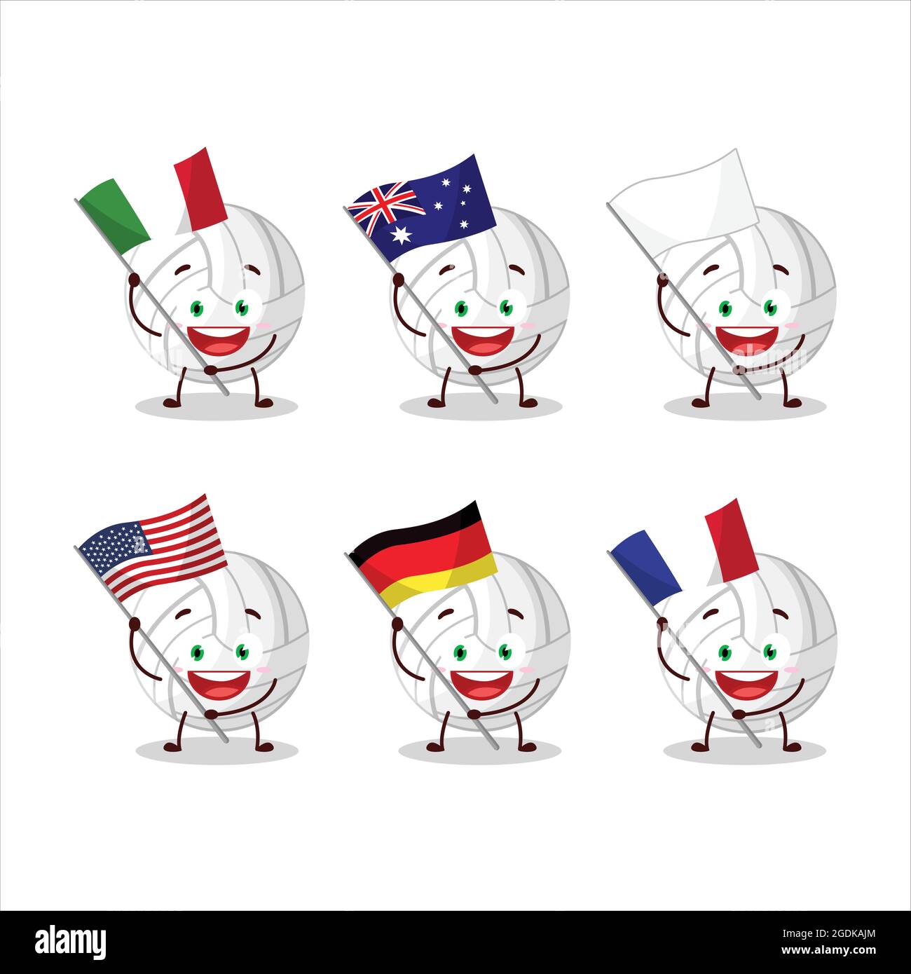White volleyball cartoon character bring the flags of various countries