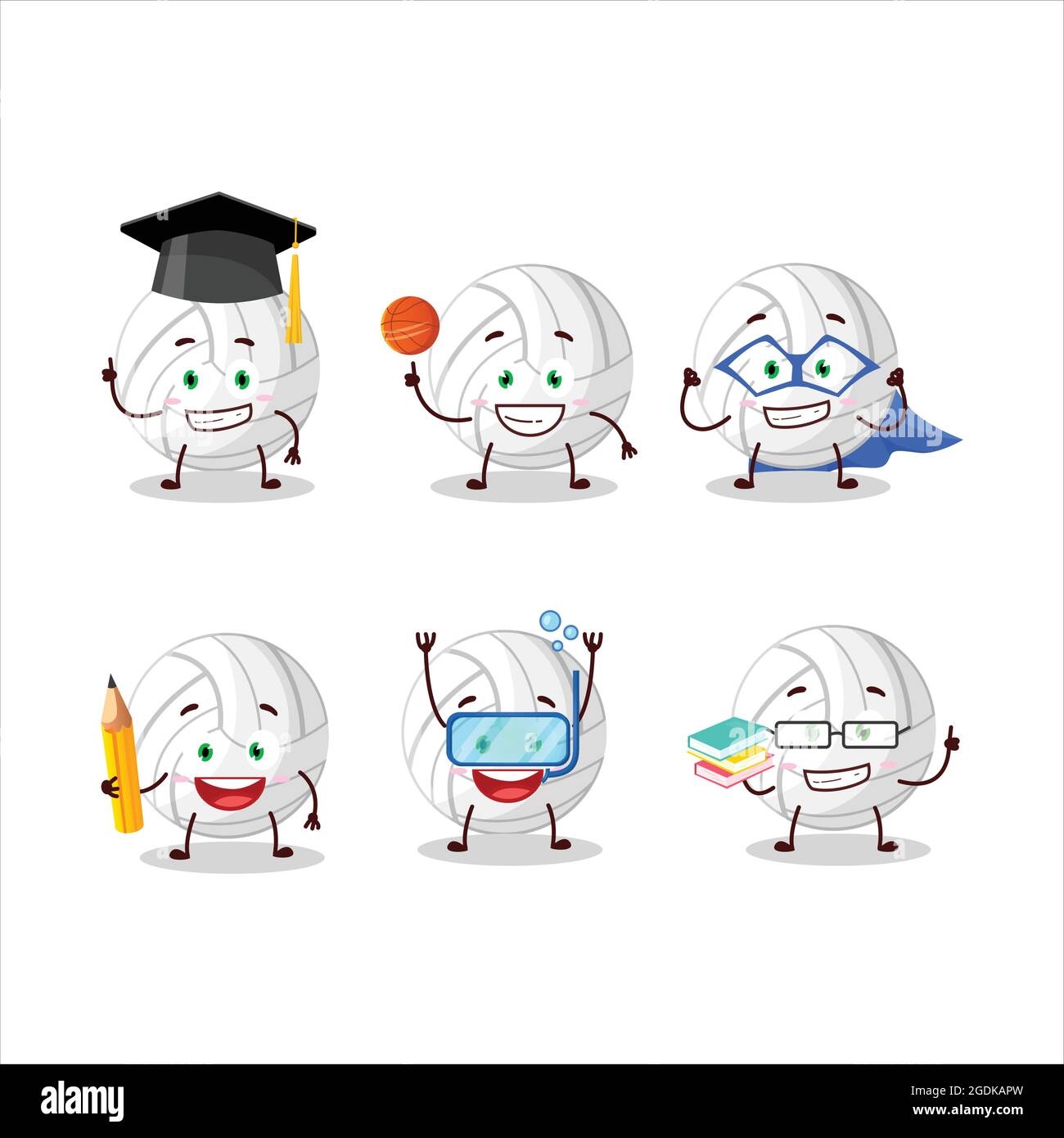 School student of white volleyball cartoon character with various