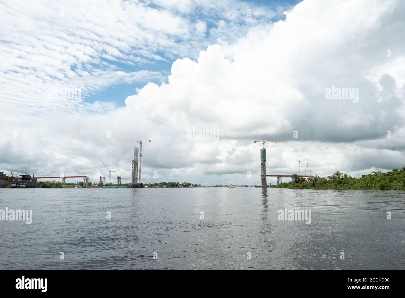 Peru, Amazon, Iquitos. The Nanay Bridge is a bridge under construction, located in the center of the Department of Loreto, Peru. Stock Photo