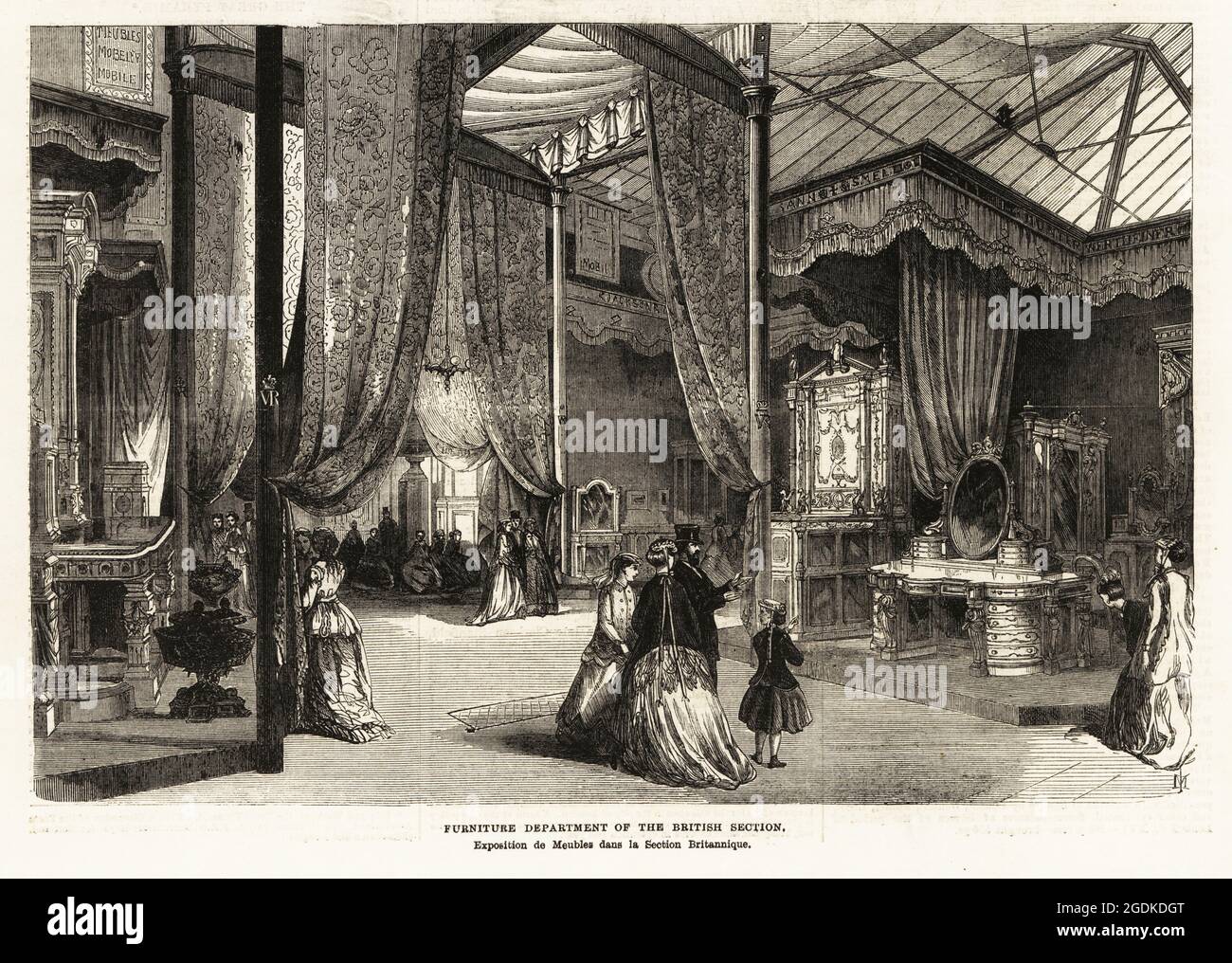 Visitors look at massive Gothic dressing tables, canopy beds and drapes manufactured by cabinetmakers Jackson and Graham in the Furniture Department of the British Section, Paris Exposition Universelle, 1867. Woodcut engraving by JM from the Supplement to the Illustrated London News, London, June 8, 1867. Stock Photo