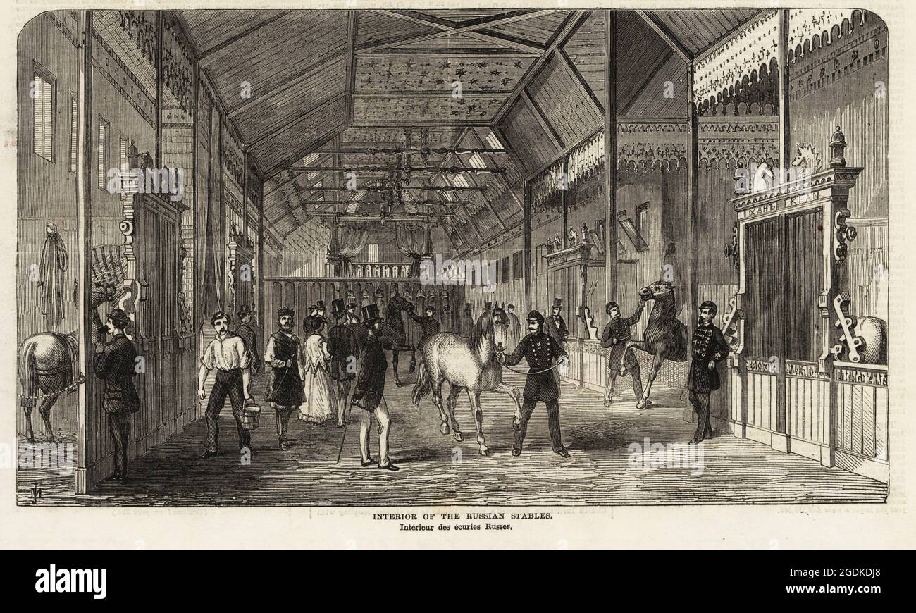Interior of the Russian Stables, Paris Exposition Universelle, 1867. Visitors viewing thoroughbred horses in the stables of the Russian Department. Interieur des ecuries Russes. Woodcut engraving by JM from the Supplement to the Illustrated London News, London, June 8, 1867. Stock Photo