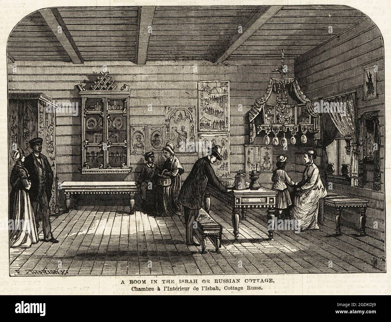 A room in the Isbah or Russian Cottage, Russian Departmnet, Paris Exposition Universelle, 1867. Visitors in a traditional Russian log cabin. Woodcut engraving by JM from the Supplement to the Illustrated London News, London, June 8, 1867. Stock Photo