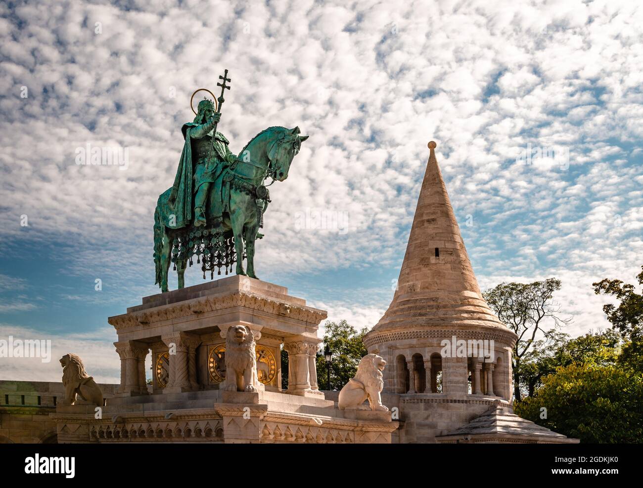 The Statue of Saint Stephen (Stephen I, first king of Hungary), in  the southern court of the Fisherman's Bastion in Budapest. Stock Photo