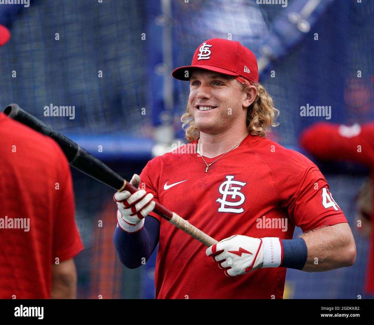 St. Louis Cardinals Harrison Bader prepares to take batting practice during  Summer Camp at Busch Stadium in St. Louis on Wednesday, July 8, 2020. Photo  by Bill Greenblatt/UPI Stock Photo - Alamy