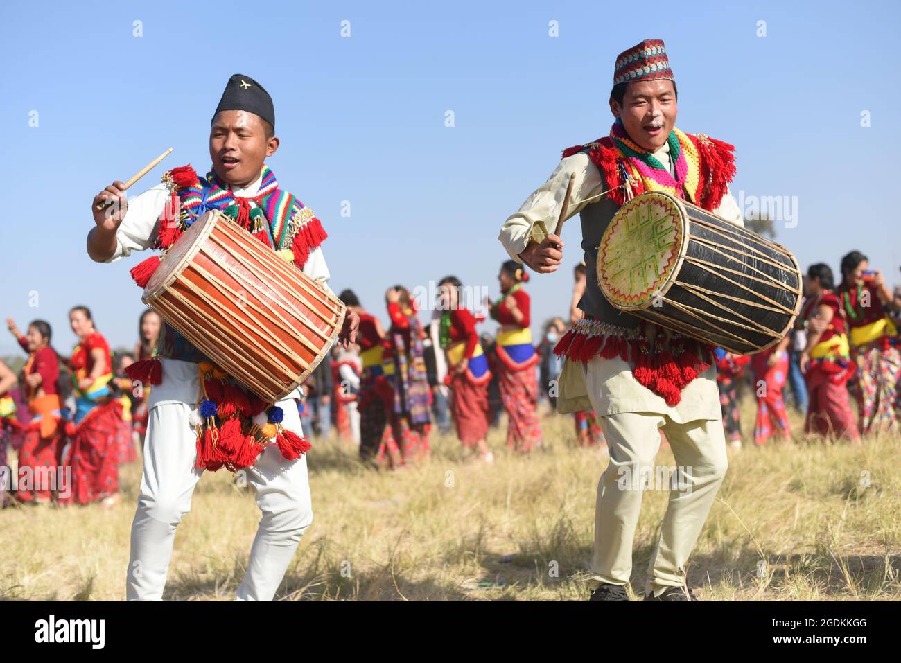 KATMANDU, NEPAL - Dec 31, 2017: A shallow focus of Kirant Sunuwar people performing Chandi dance in Katmandu, Nepal Stock Photo