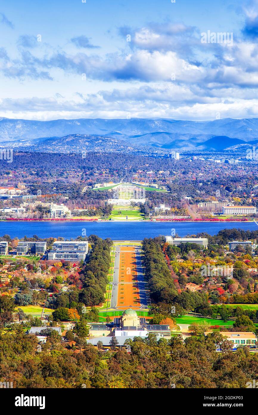 Australian Capital territory - Canberra city federal district of national parliament house and museums on shores of Lake Burley Griffin from Mt Ainsli Stock Photo