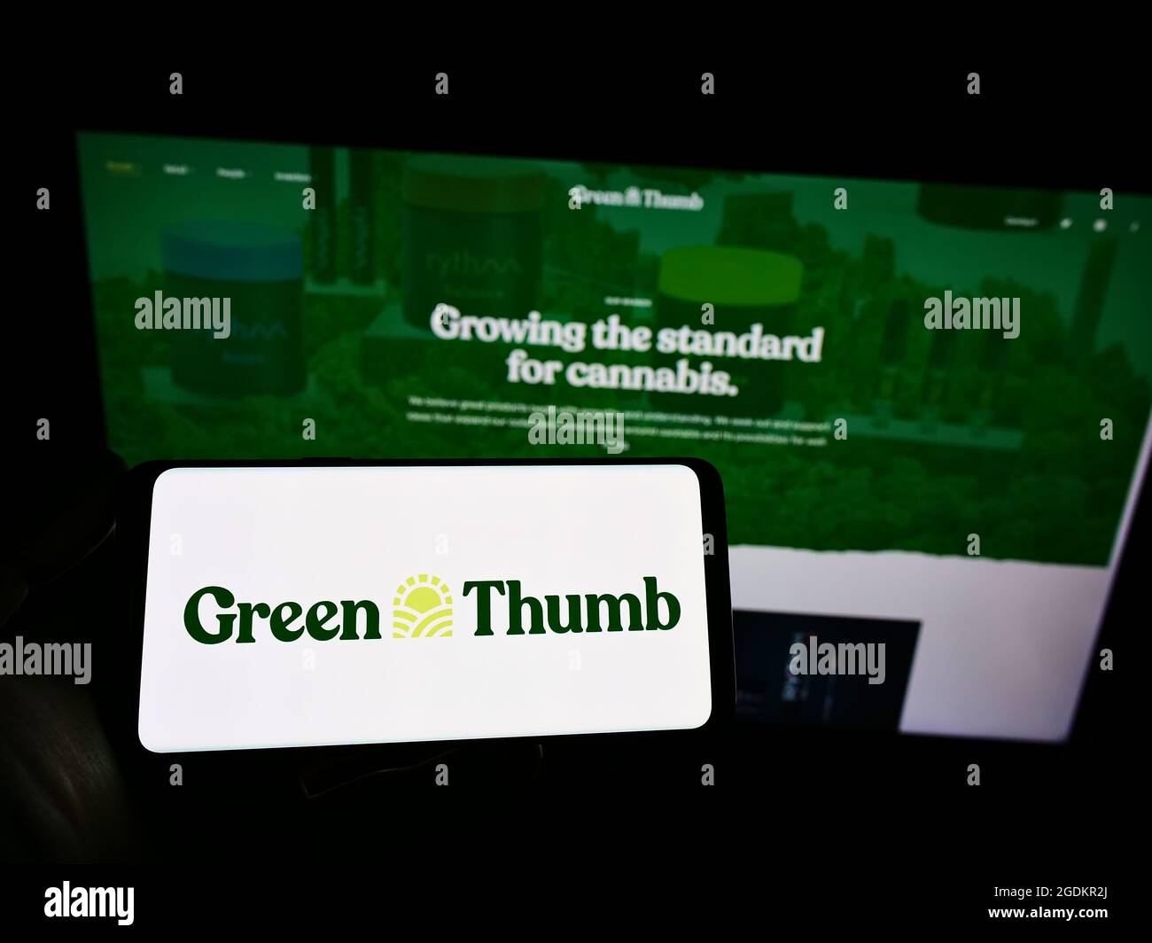 Person holding smartphone with logo of US cannabis company Green Thumb Industries Inc. on screen in front of website. Focus on phone display. Stock Photo