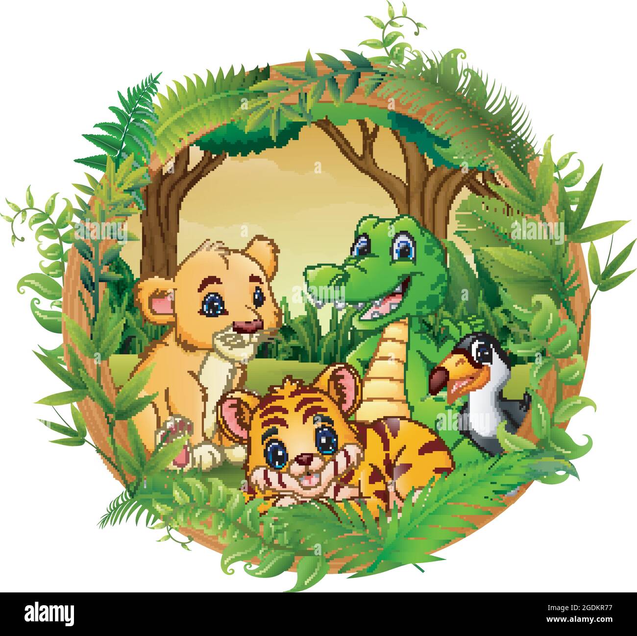 Happy animals in frame forest Stock Vector