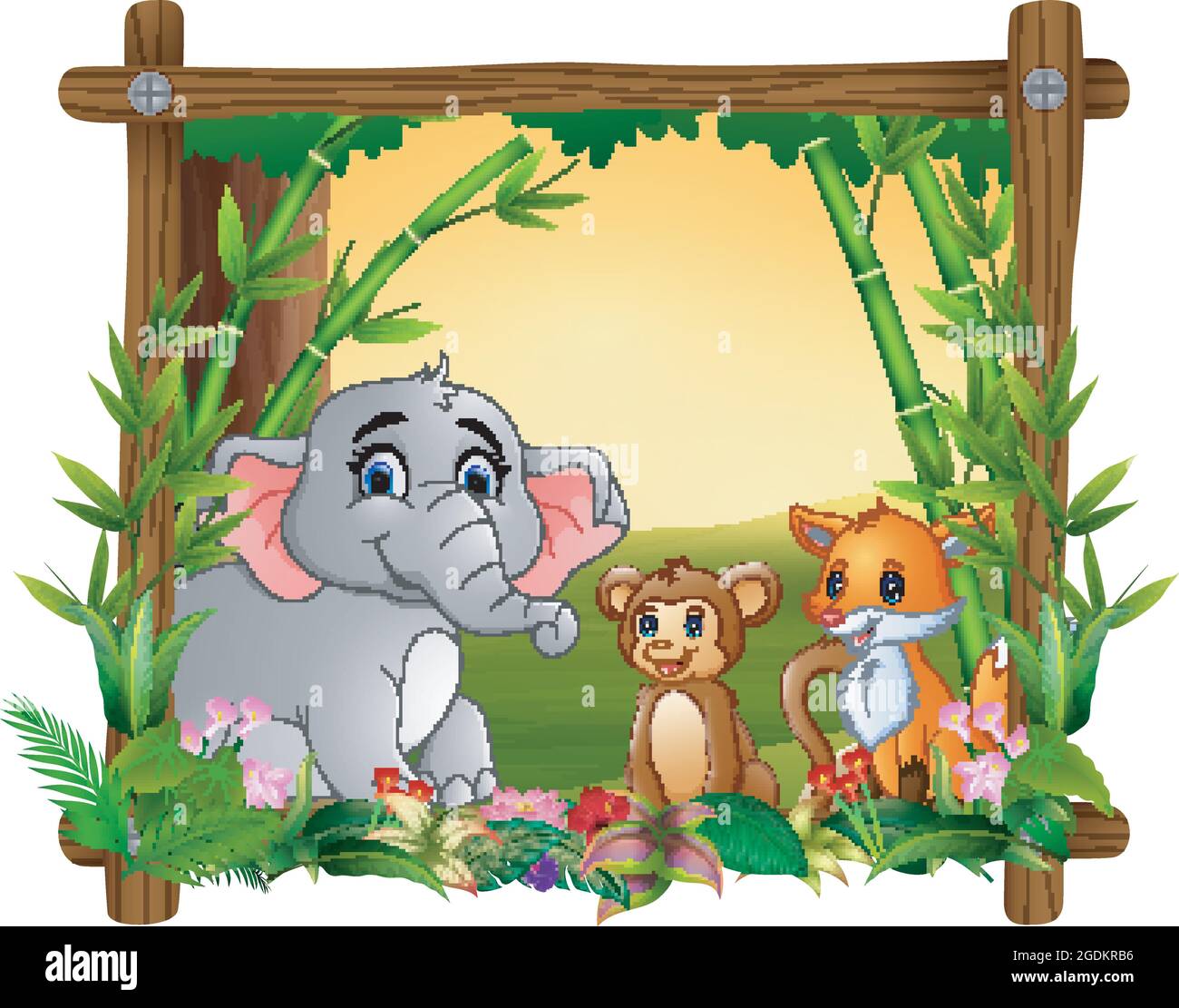 Happy animals in frame forest Stock Vector
