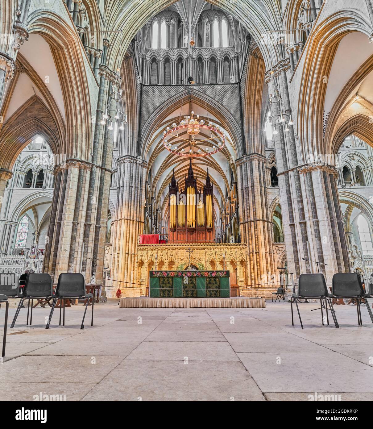 13th century architectural style at the crossing in the medieval cathedral of Lincoln, England. Stock Photo