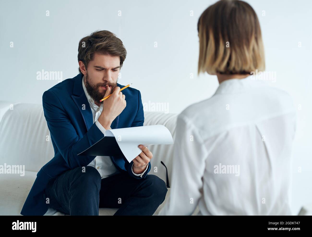 male psychologist next to the patient diagnosis psychotherapy analysis research Stock Photo Alamy