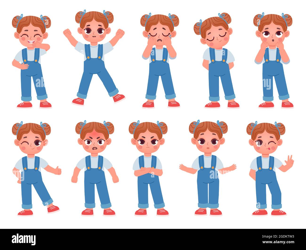Cartoon cute little girl face emotions and expressions. Kid character feel happy, sad, angry, and surprise, cry, smile and laugh vector set Stock Vector