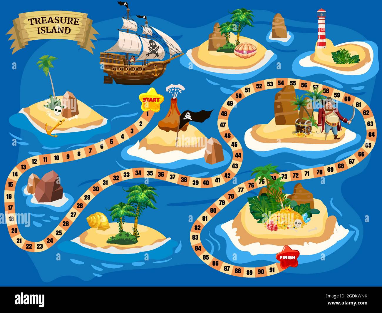 Treasure Island Pirate Board Game Map, Ocean Route. Travel adventure pirate  naval ship, pile gold treasure, for kids. Vector illustration cartoon styl  Stock Vector Image & Art - Alamy