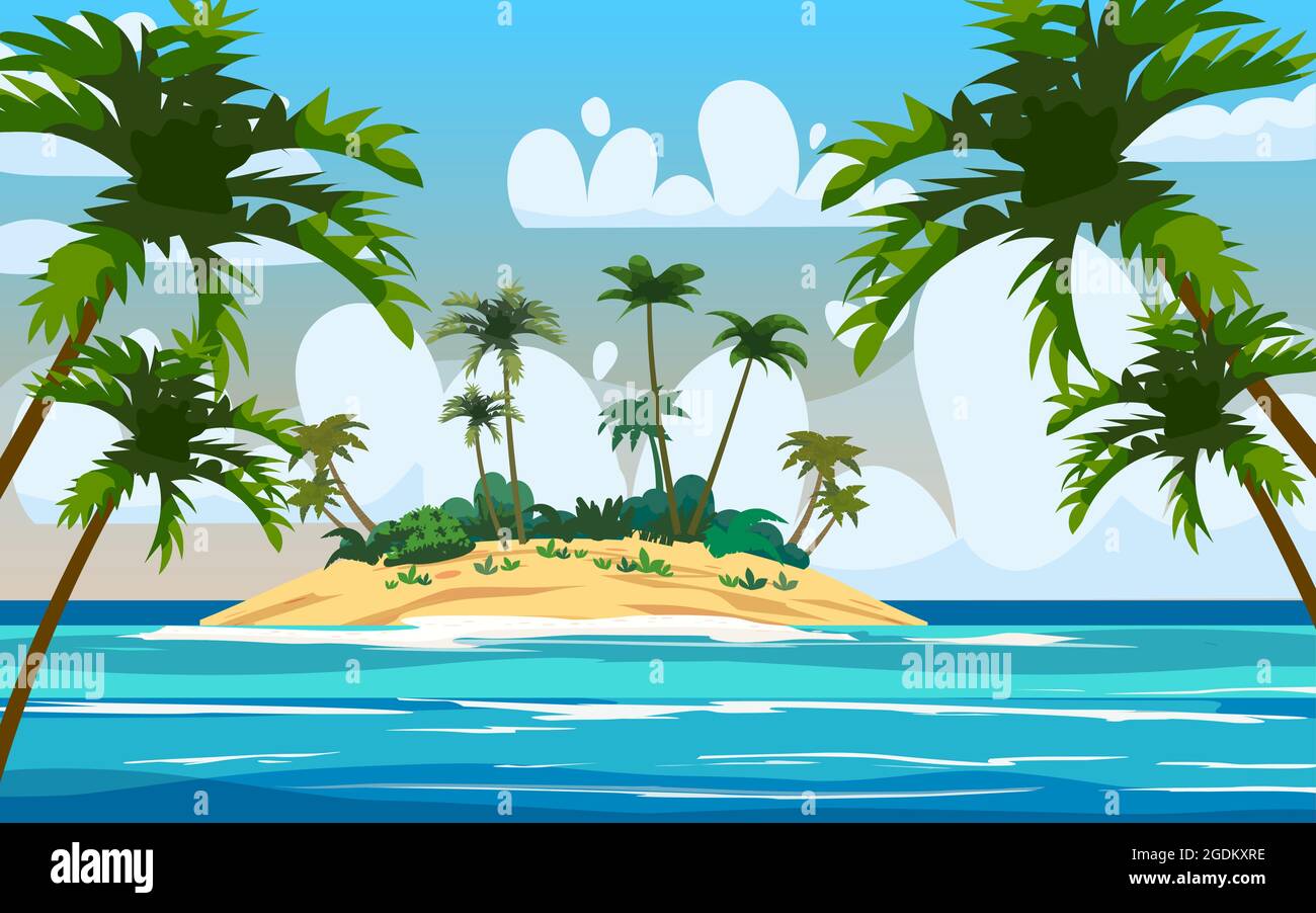 Tropical Exotic Island, plants, palms, jungle, sea, ocean, clouds. Summer  vacation resort. Vector Illustration Stock Vector Image \u0026 Art - Alamy, image size:1300x902