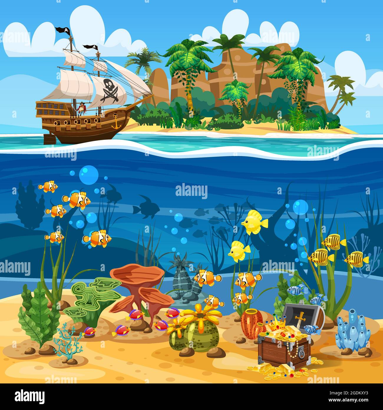 Tropical Island Pirate Ship Naval Under Sail In Ocean Underwater Sea Tropical Island Pirate Ship Naval Under Sail In Ocean Underwater Sea