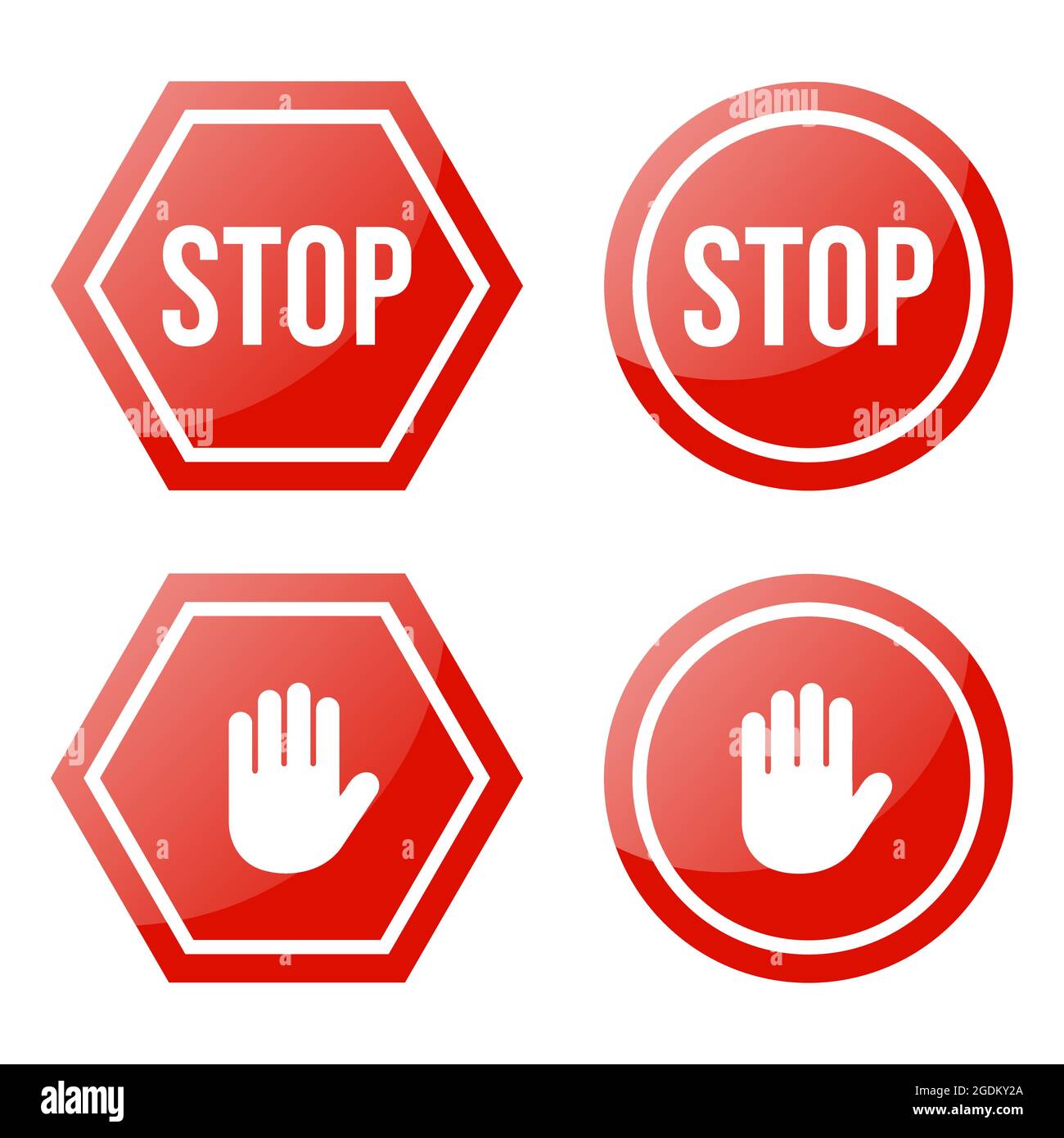 Red stop vector icons. Stop hand sign Stock Vector