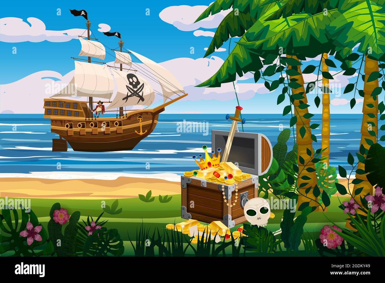 Tropical Island Pirate ship under sail in ocean, treasure cheast ...