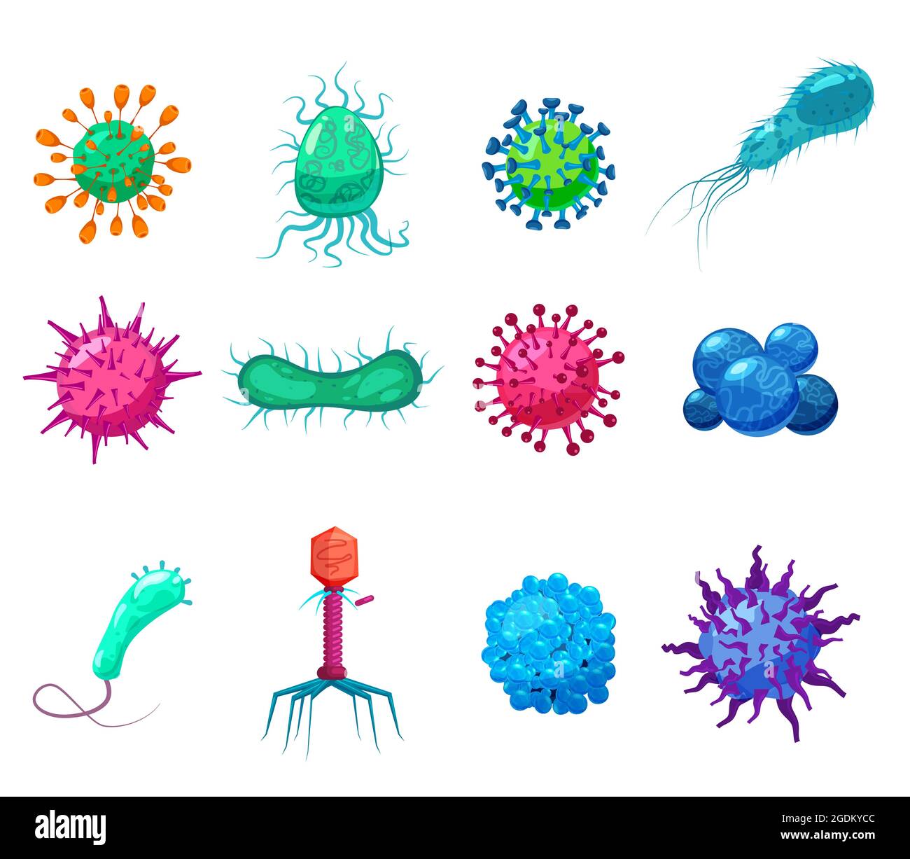 Set Viruses bacterias germs microorganisms disease-causing objects pandemic microbes, fungi infection. Vector isolated illustration cartoon style icon Stock Vector