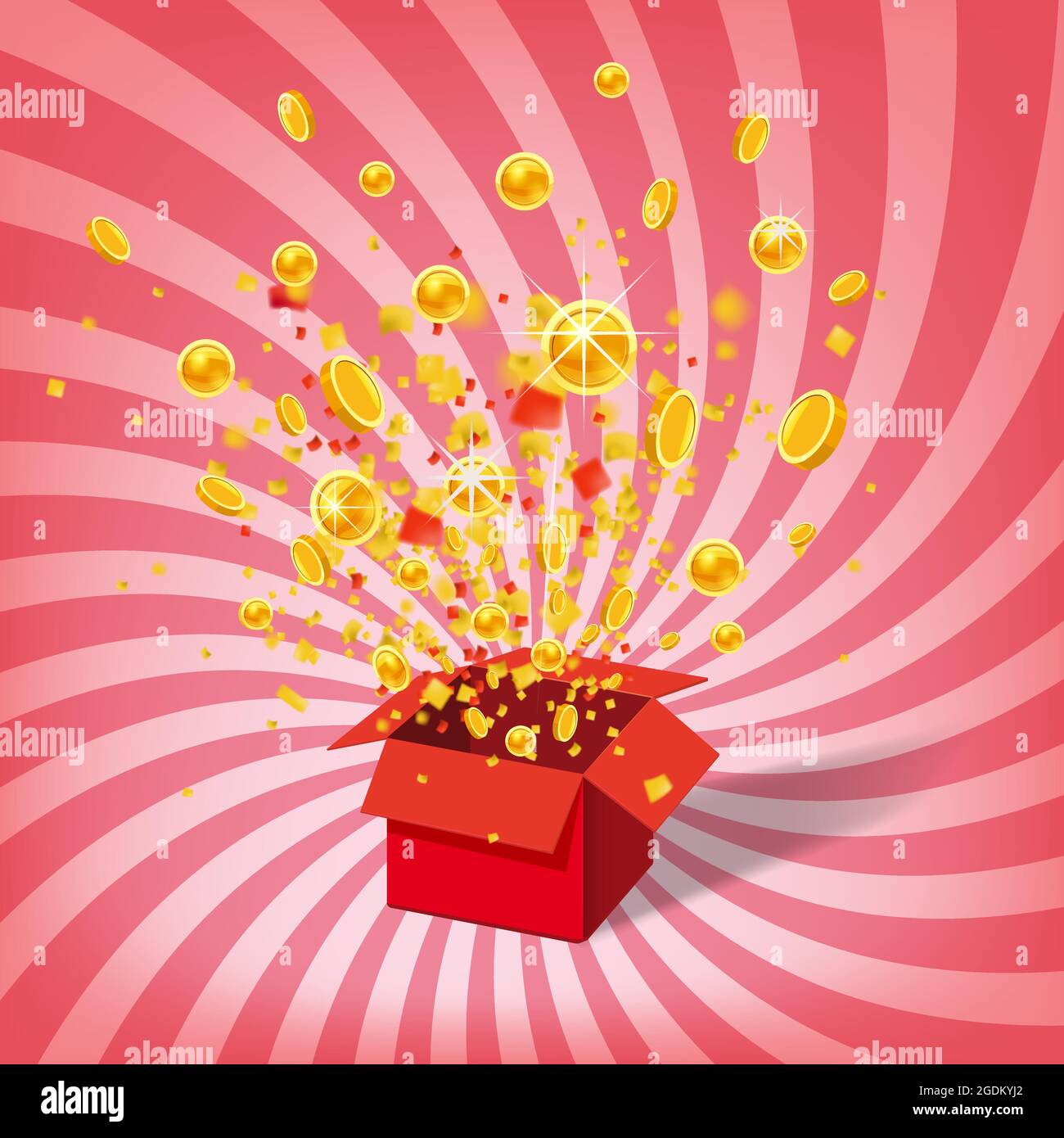 Box With Coins Exploision, Blast. Open Red Gift Box and Confetti. Win