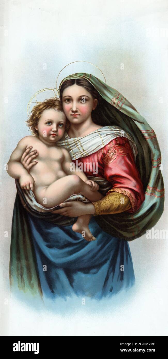 Raphael's Madonna. Artist unknown. Restored vintage poster published in 1898 in the USA. Stock Photo