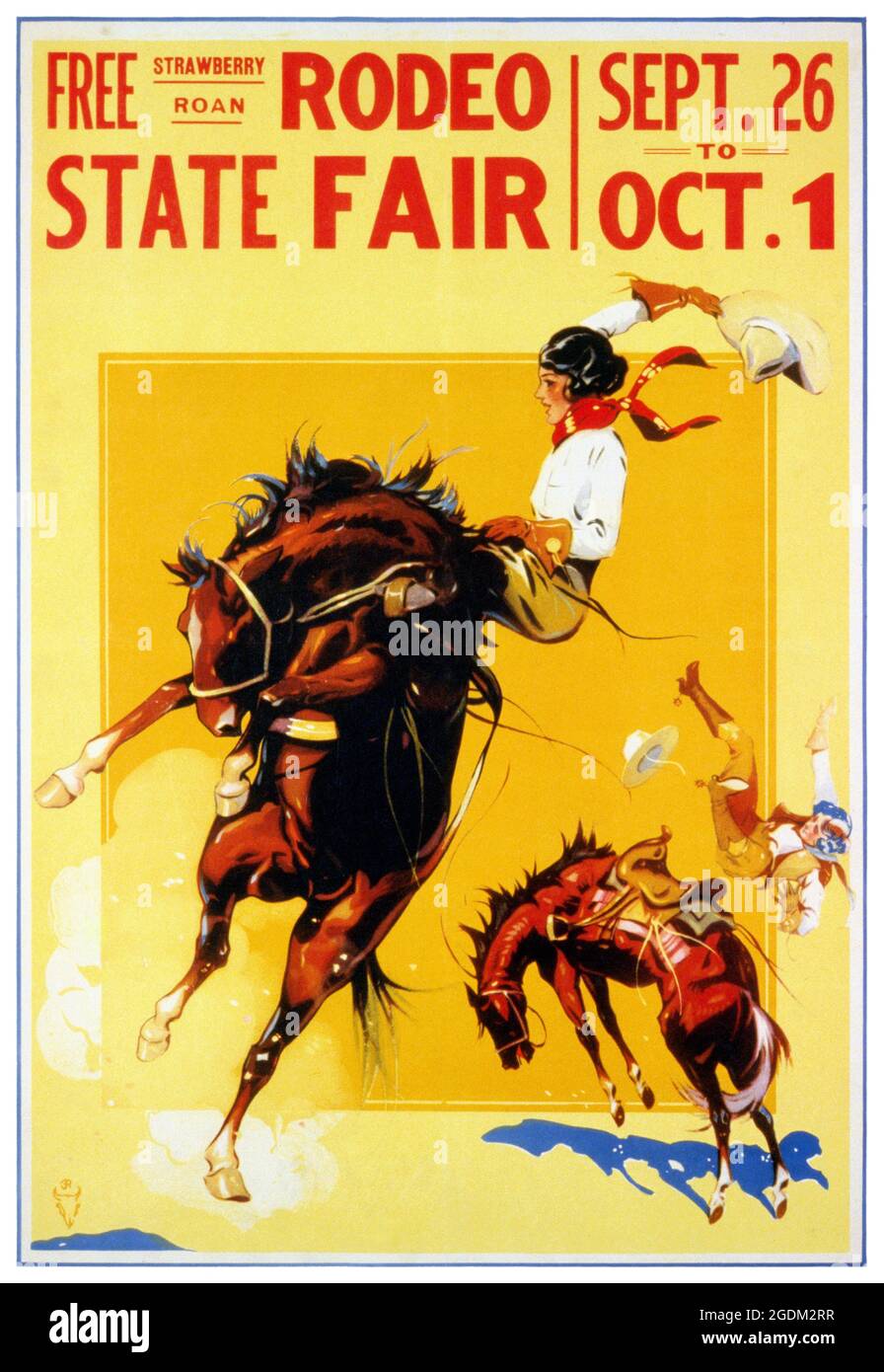 Free Strawberry Roan Rodeo State Fair by  Donaldson Litho. Co. Restored vintage poster published in the 1930s in the USA. Stock Photo