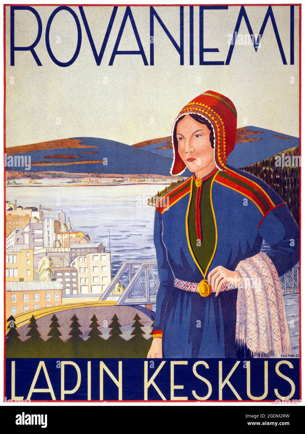Rovaniemi. Lapin Keskus by Yrjö Kari (1901-1959). Restored vintage poster published in 1936 in Finland. Stock Photo