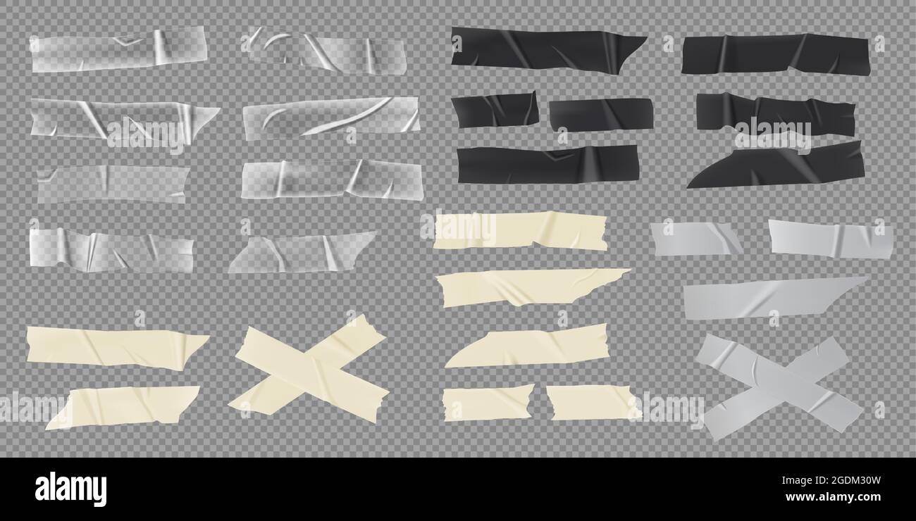 Realistic adhesive tape, paper masking strips, transparent stickers. Black sticky  duct tapes with torn edges, crumpled scotch pieces vector set. Transparent,  gray and beige sticky patch Stock Vector Image & Art -