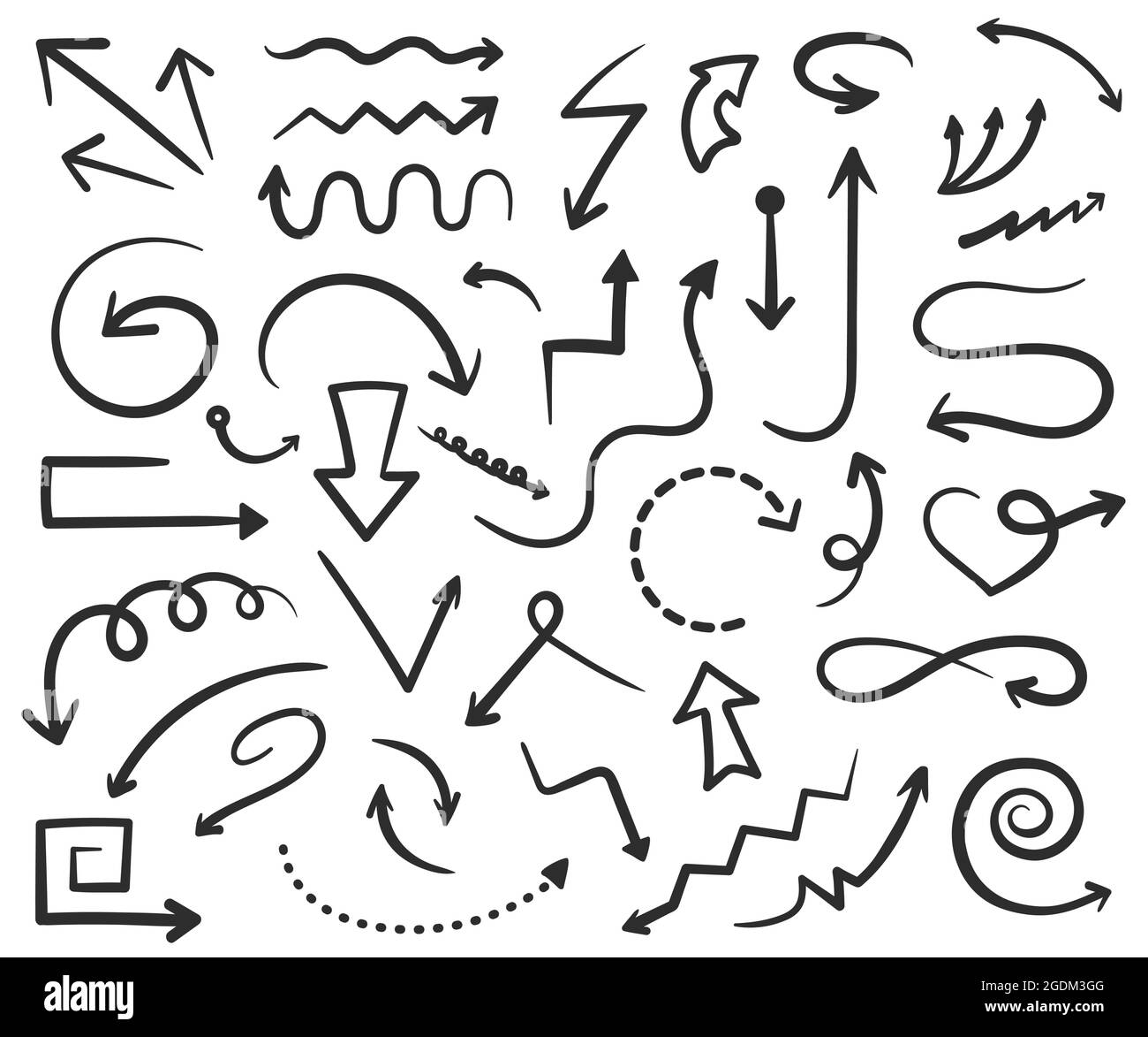 Hand drawn arrows doodles, black arrow drawing. Straight and curved pointers, up or down direction lines, swipe arrow icon vector set. Different directions signs or lines, navigation Stock Vector