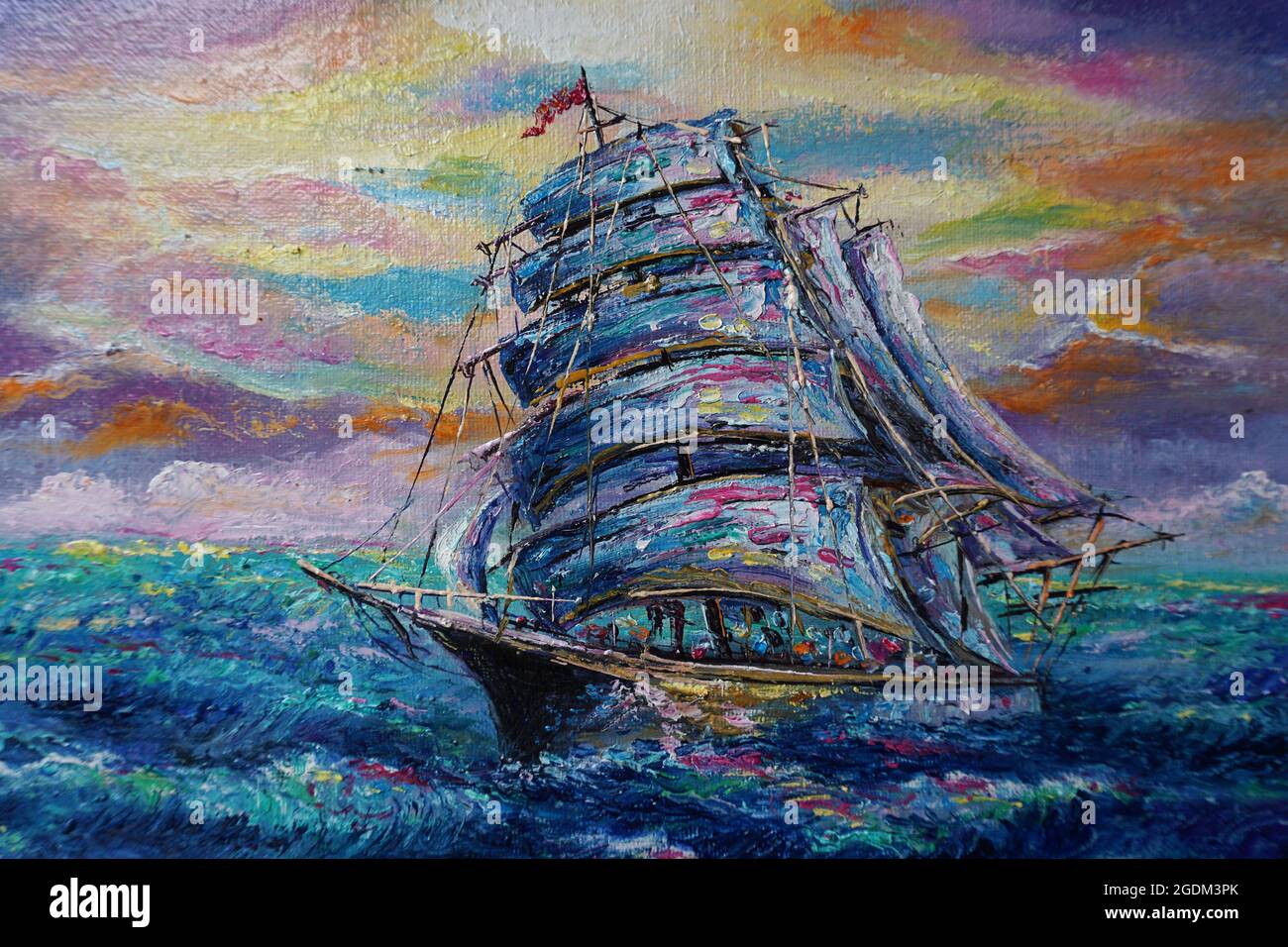Art Oil Painting Sailboat in the sea ,  junk  boat ,Visual arts Stock Photo