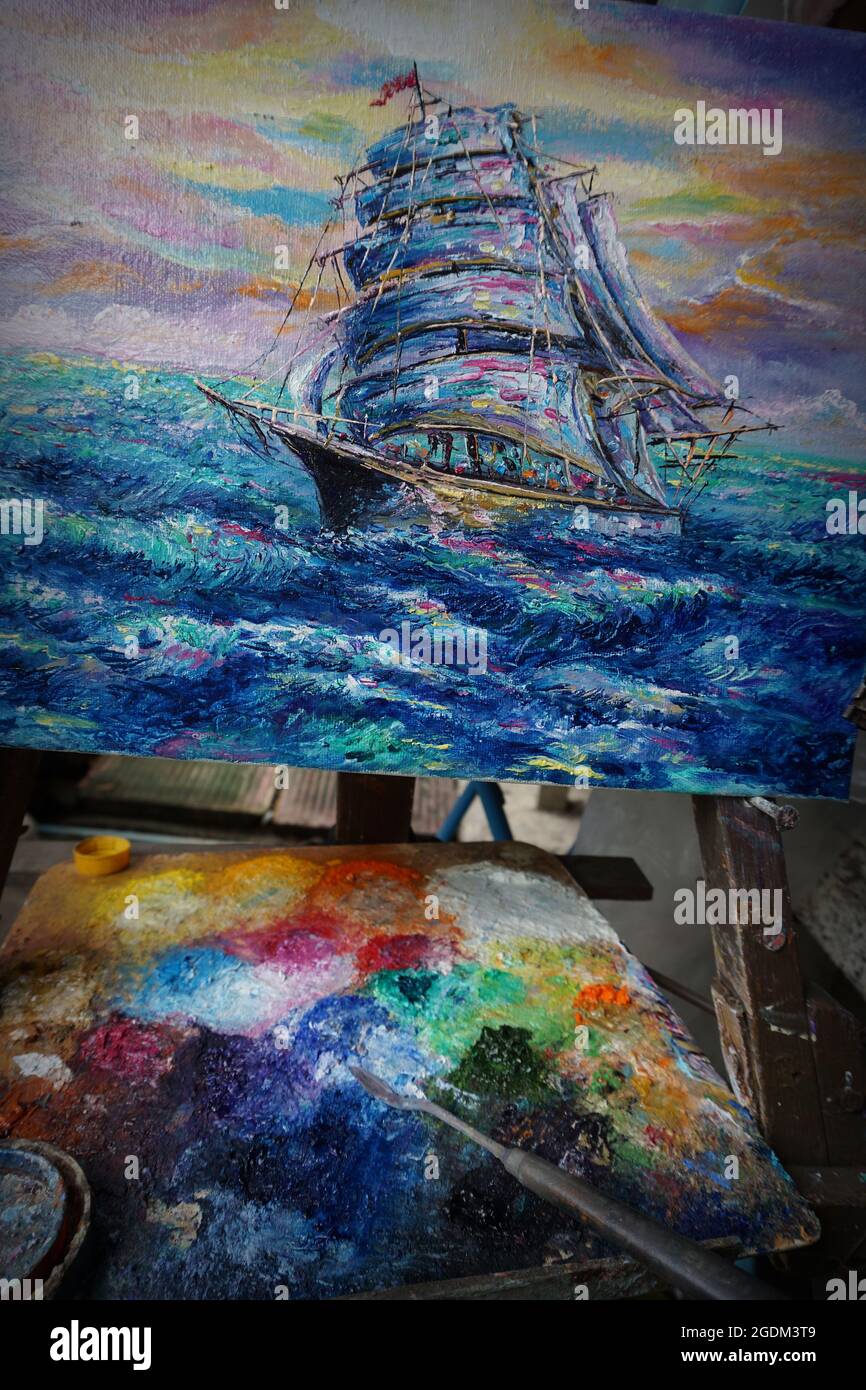 Art Oil Painting Sailboat in the sea ,  junk  boat ,Visual arts , phuket thailand Stock Photo