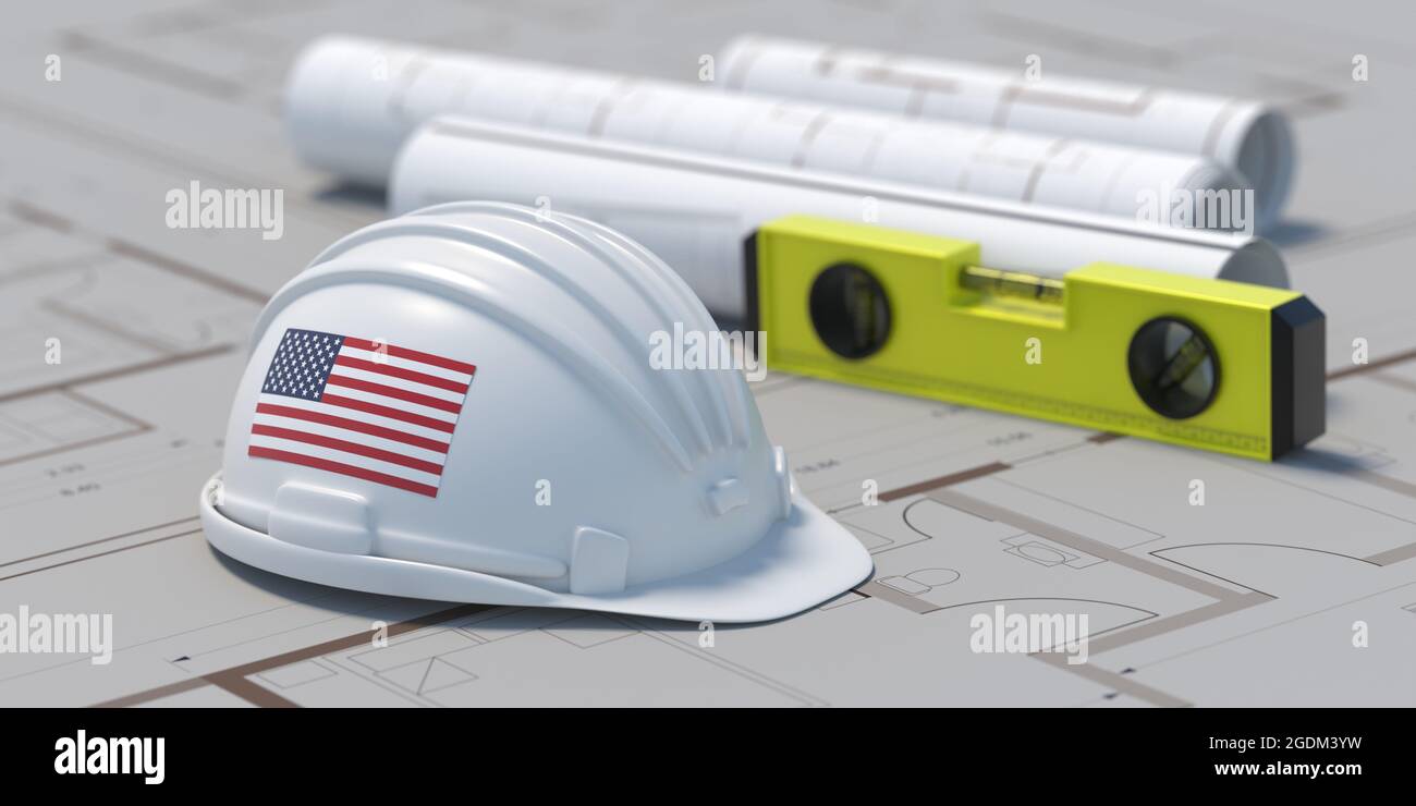 Construction industry in USA. United states of America flag Architect