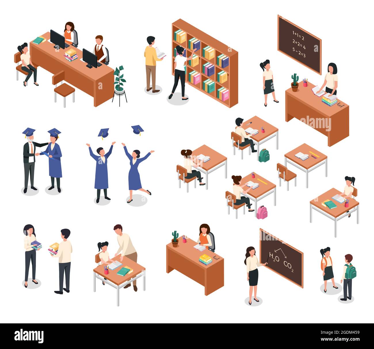 Isometric school. Teacher giving lesson to students. Pupils with ...