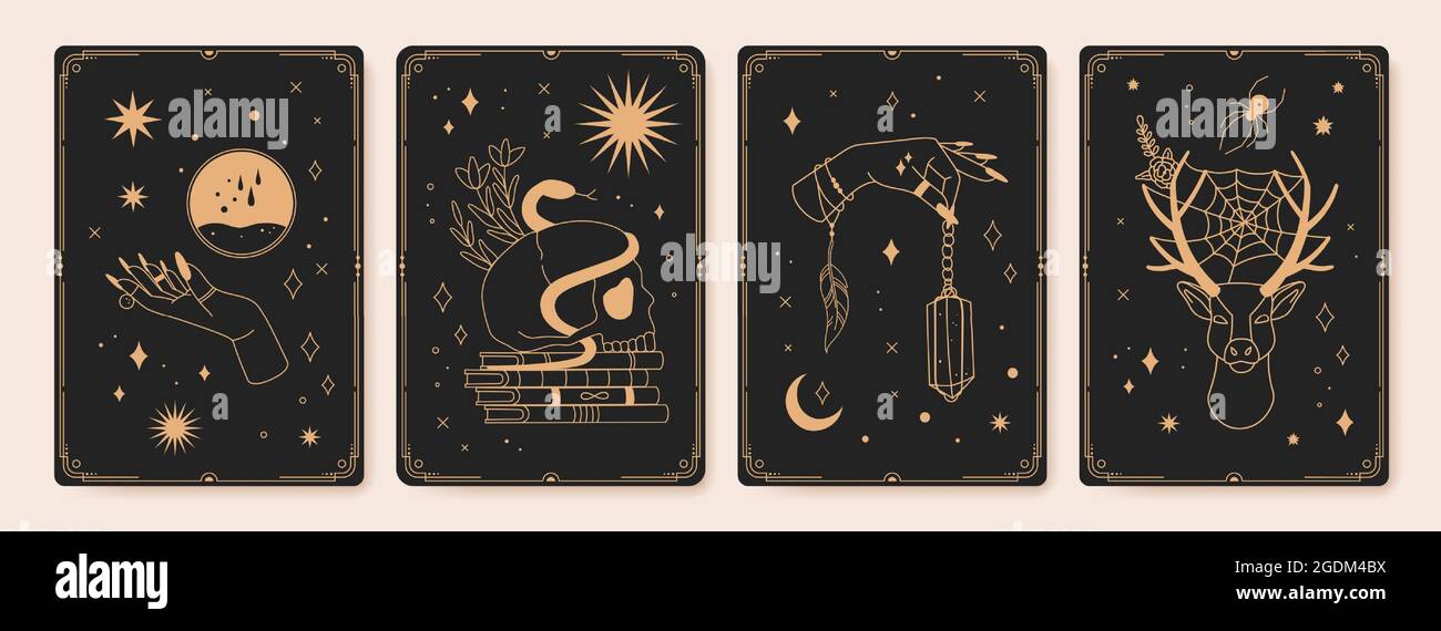 Magic spiritual tarot cards with mystic occult symbols. Vintage engraved boho esoteric tarot card with crystals, stars, moon vector set. Skull with snake and books, hand holding gem Stock Vector