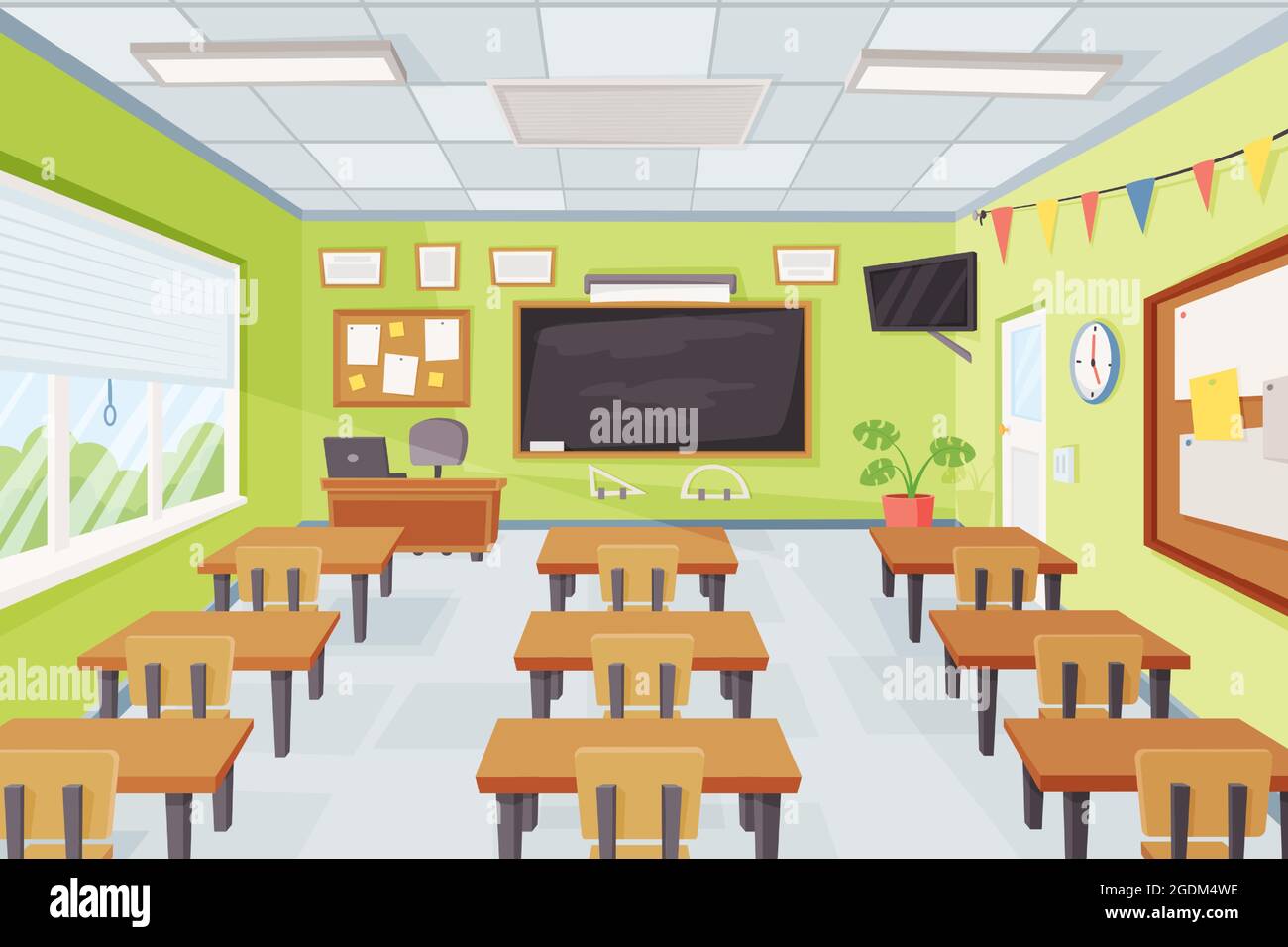 Cartoon empty school classroom interior with desks and chalkboard.  Elementary class with furniture teacher table, blackboard vector  illustration. Clock and boards for notes hanging on walls Stock Vector  Image & Art -