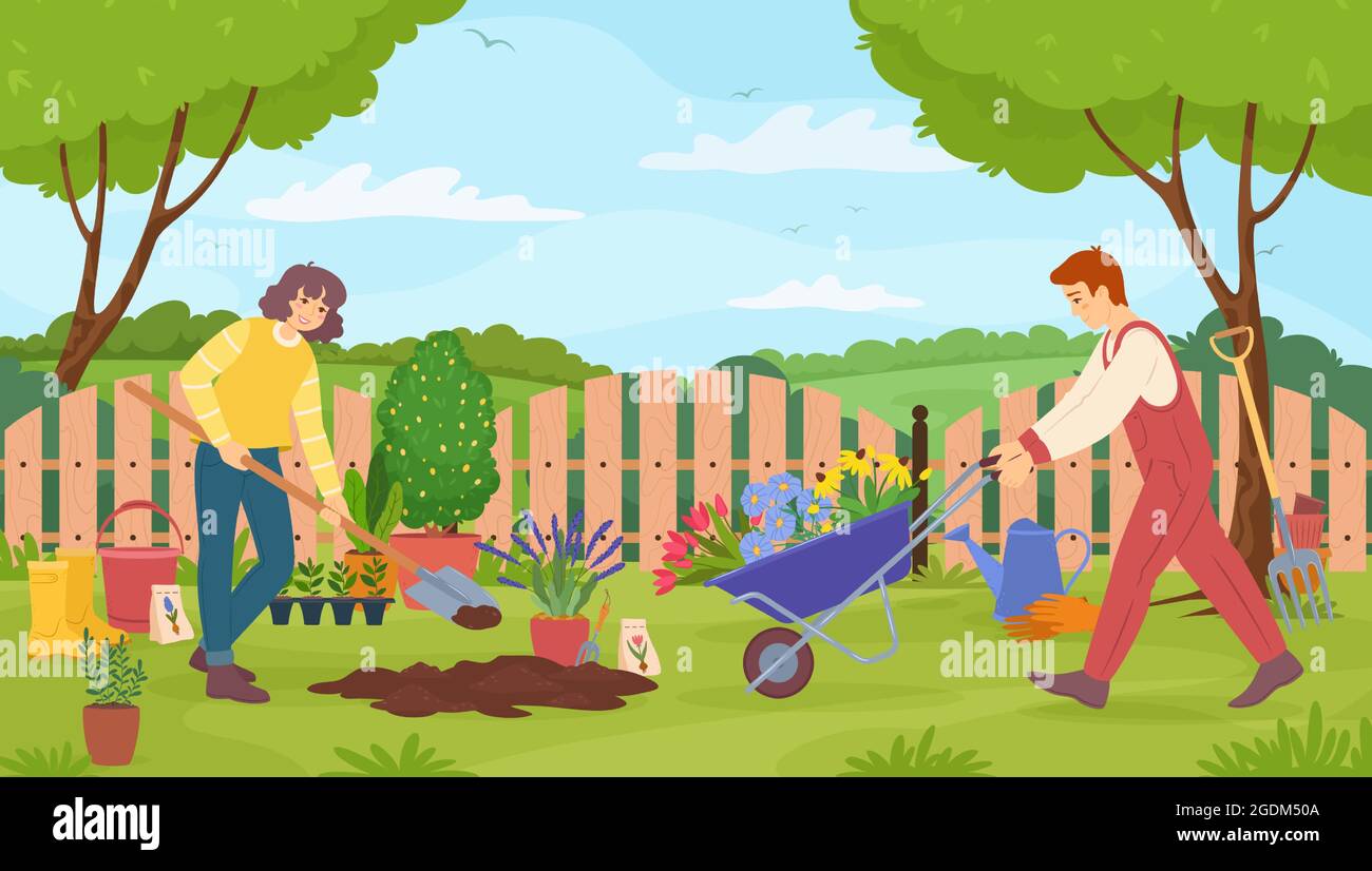 Gardeners taking care of garden, man and woman with gardening 