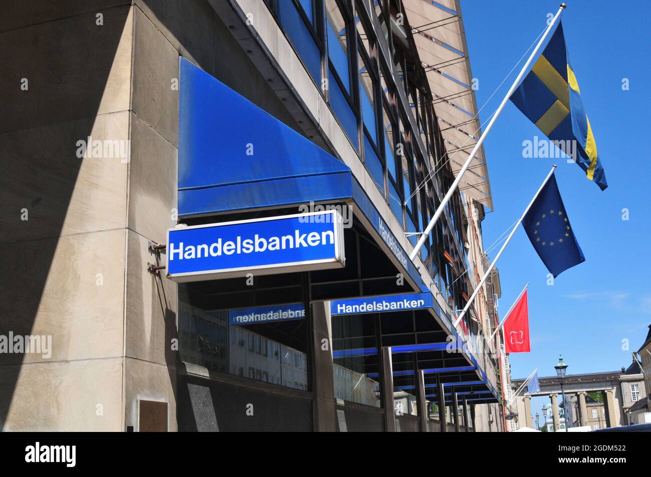 Copenhagen /Denmark./ 14.June 2019/ .Swedish Embassy and Swedish Handelsbanken have smae adress in same building Amaliengade in Copenhagen Denmark and swedish flags fly along wit european union blue flag with star on building in Copenhagen Denmark. (Photo..Francis Dean / Deanpictures. Stock Photo