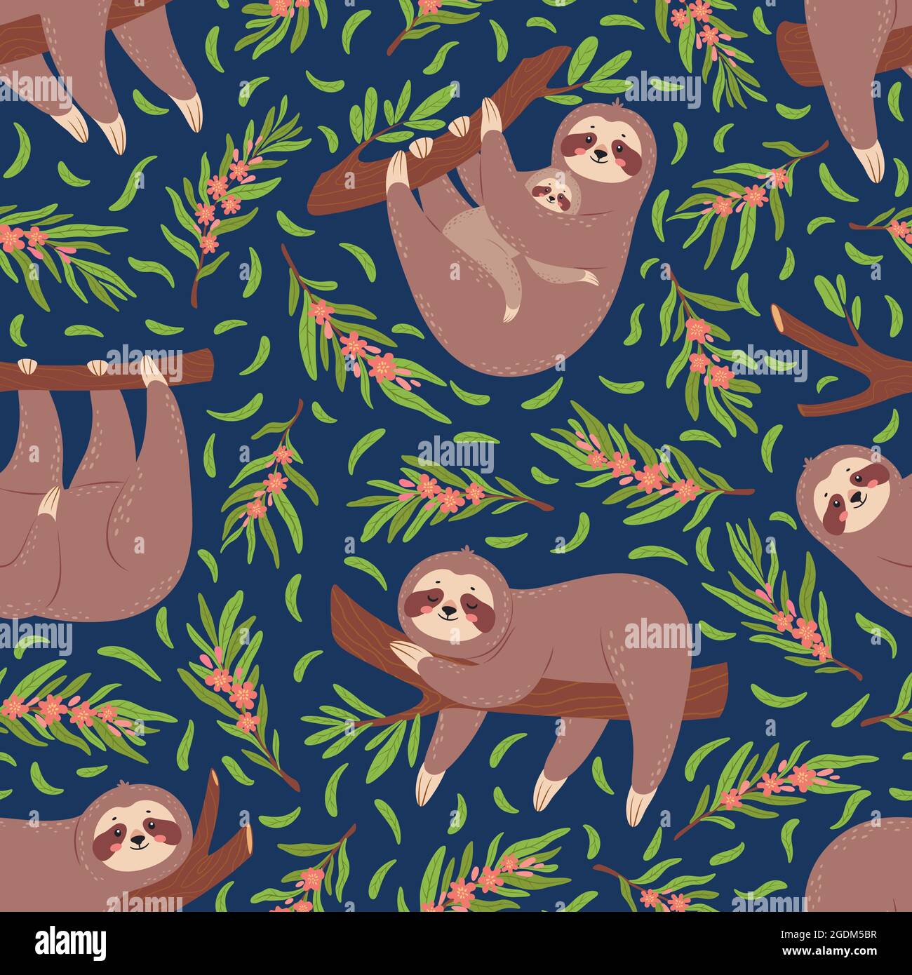 Cute sloths on branch seamless pattern for nursery wallpaper. Baby sloth  animal with mother. Funny lazy animals textile print vector texture. Lovely  characters in various positions Stock Vector Image & Art -